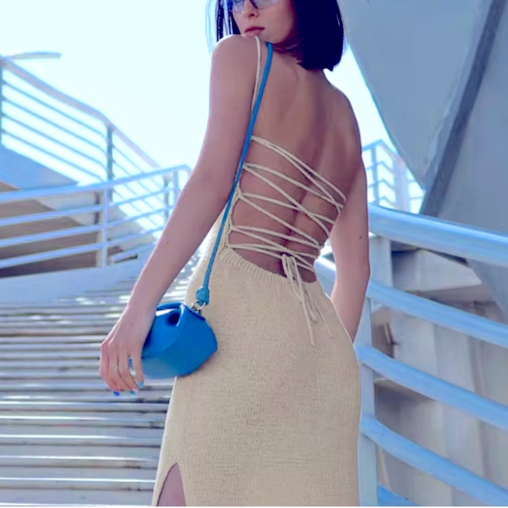 Cream Knitted Crochet Strappy Backleds Stretchy Split Dress